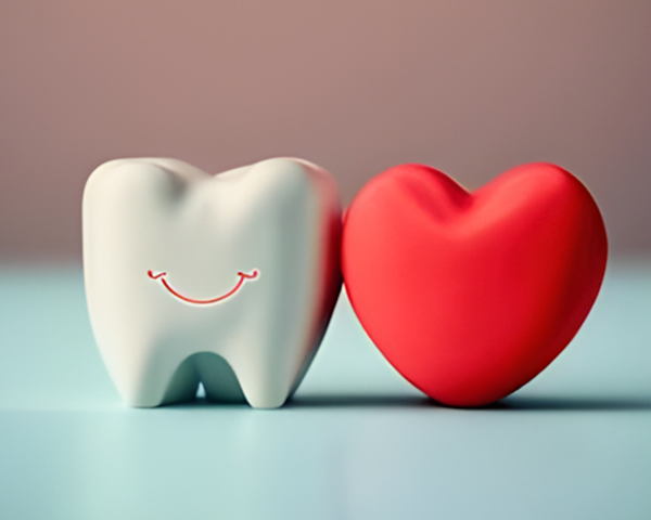 Imagem de um coração e um dente interligados, simbolizando a conexão entre saúde bucal e saúde geral.
