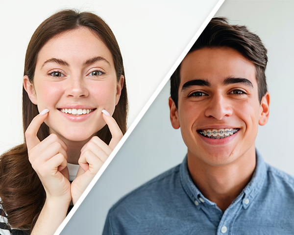 Invisalign versus Aparelho Convencional: Imagem comparativa de uma pessoa usando alinhador Invisalign transparente ao lado de outra usando aparelho convencional metálico.
