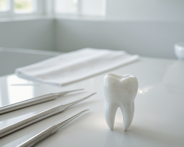 Imagem de um dente do siso em evidência, com fundo clínico, representando cirurgia e cuidados odontológicos.
