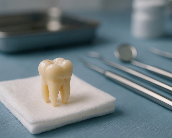 Imagem de um dente do siso em evidência, com fundo clínico, representando cirurgia e cuidados odontológicos.