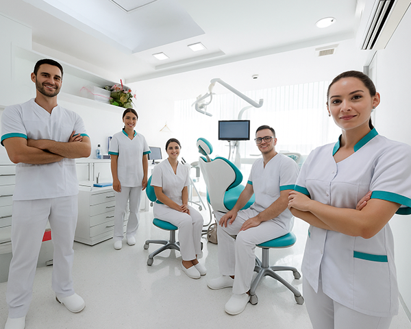 Ambiente moderno de hospital especializado em odontologia com equipamentos de alta tecnologia, equipe médica e estrutura hospitalar completa.
