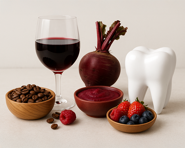 Imagem com alimentos pigmentados como café, vinho, beterraba e frutas vermelhas sobre um fundo branco com dentes ilustrados ao lado