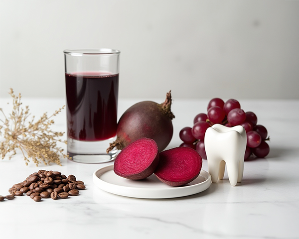 Imagem com alimentos pigmentados como café, vinho, beterraba e frutas vermelhas sobre um fundo branco com dentes ilustrados ao lado