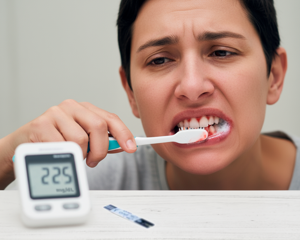 Paciente com diabetes realizando avaliação periodontal no dentista.